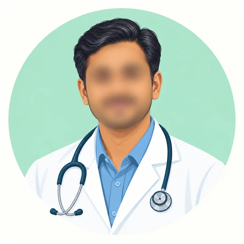 Young illustrated male doctor with privacy-blurred face representing Dr. P. Chowki
